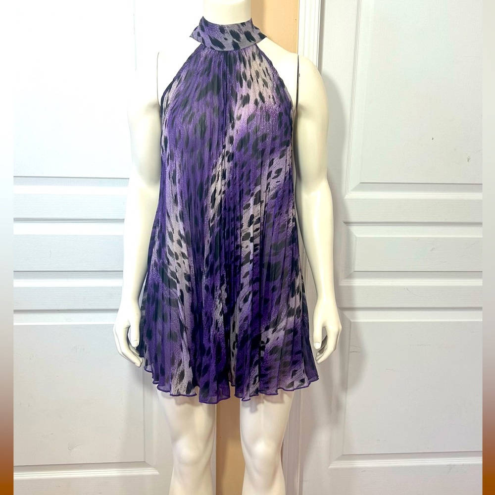 FLAMINGO HALTER NECK MINI DRESS CHIFFON PLEATED FLARE BACK NECK TIE SIZE SMALL